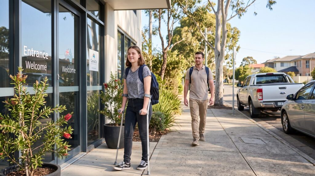 A young person with disability arriving at work with their support worker.
