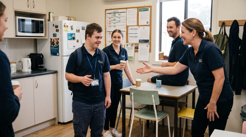 A young person with disability being welcomed into their first job.