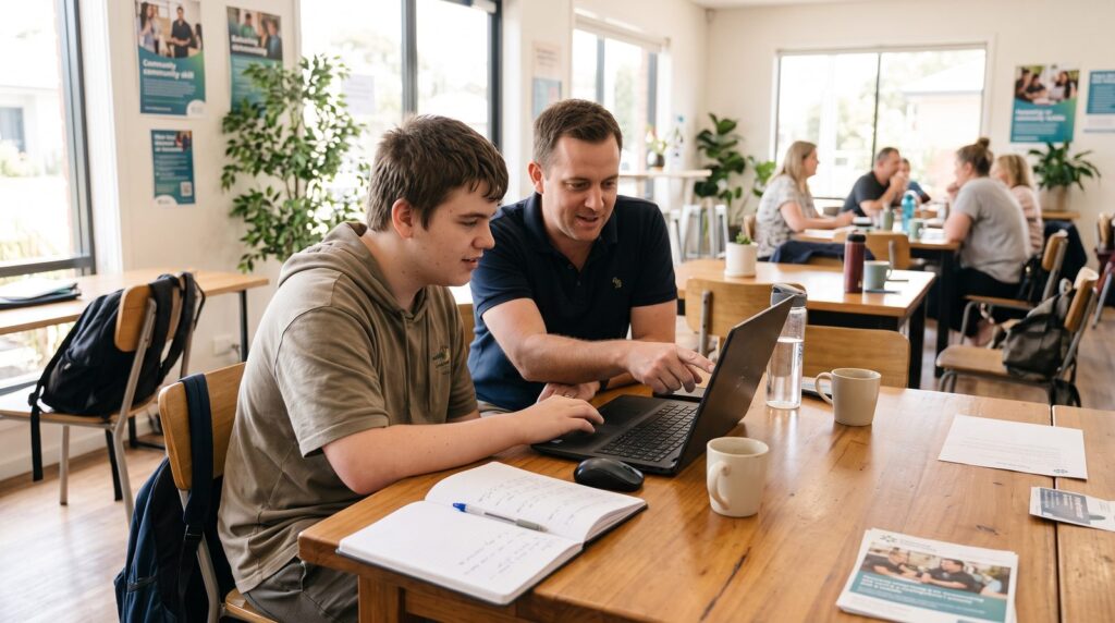 A young person building their resume on a laptop with a job coach beside them.